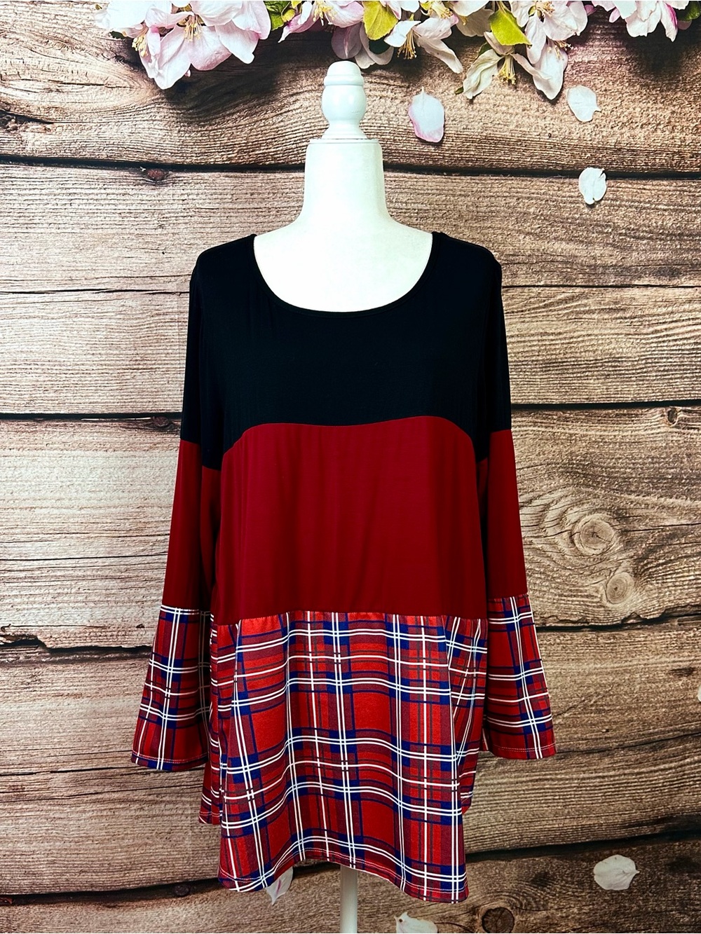 Women’s Black Red White Tartan Plaid Embroidered Floral Lace Tunic Blouse